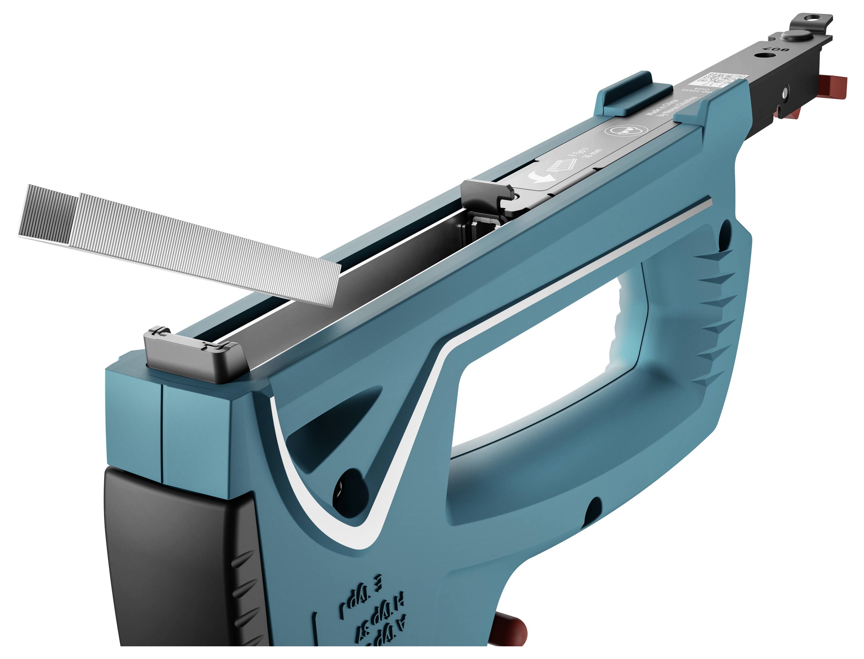 An electric staple gun with an ergonomic handle and inserted metal slider.