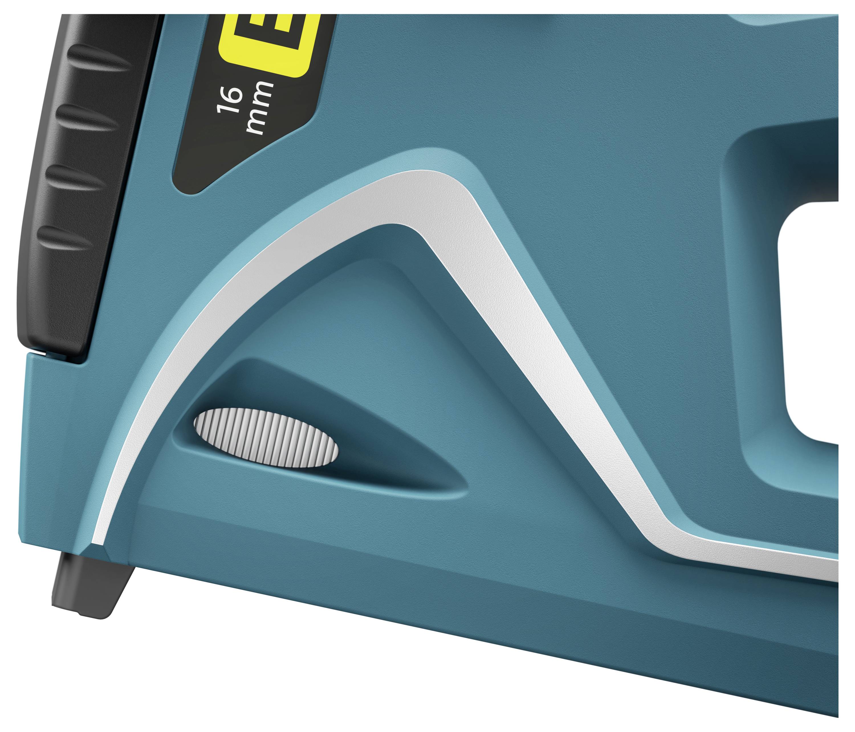 Close-up of a blue power tool with a black handle and yellow '16 mm' label, showing structural details.