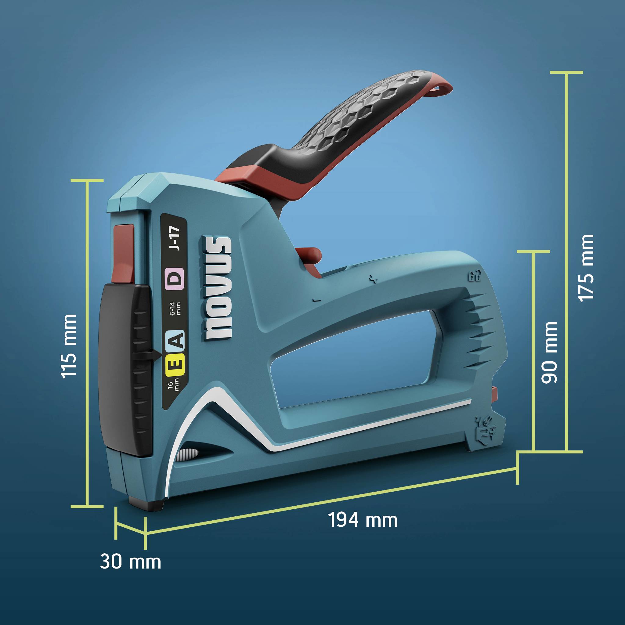 A blue staple gun by 'Novus'. It measures 194 mm x 30 mm x 115 mm. Suitable for staples type 53/6 up to 14 mm.