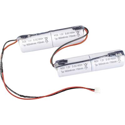Two cylindrical NiCd batteries, with a voltage of 1.2 V and a capacity of 1800 mAh, connected by a black and a red cable.