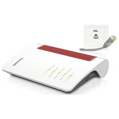 A white DSL router with red accents, connected to a DSL line. Four green lights indicate the status.