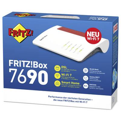 The FRITZ!Box 7690 packaging displays a Wi-Fi router. Key features: DSL, Wi-Fi 7, Smart Home. Text: 'Next generation performance'.