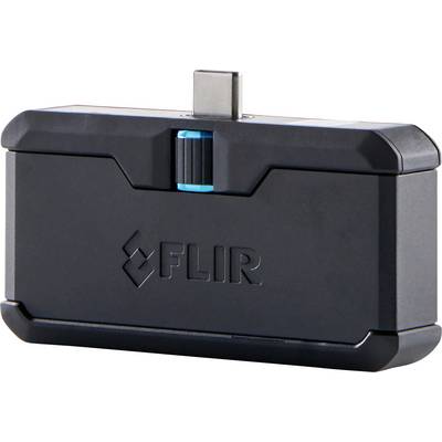 A FLIR thermal imaging camera with a USB-C port, black, rectangular, with a logo and a blue detail in the centre.