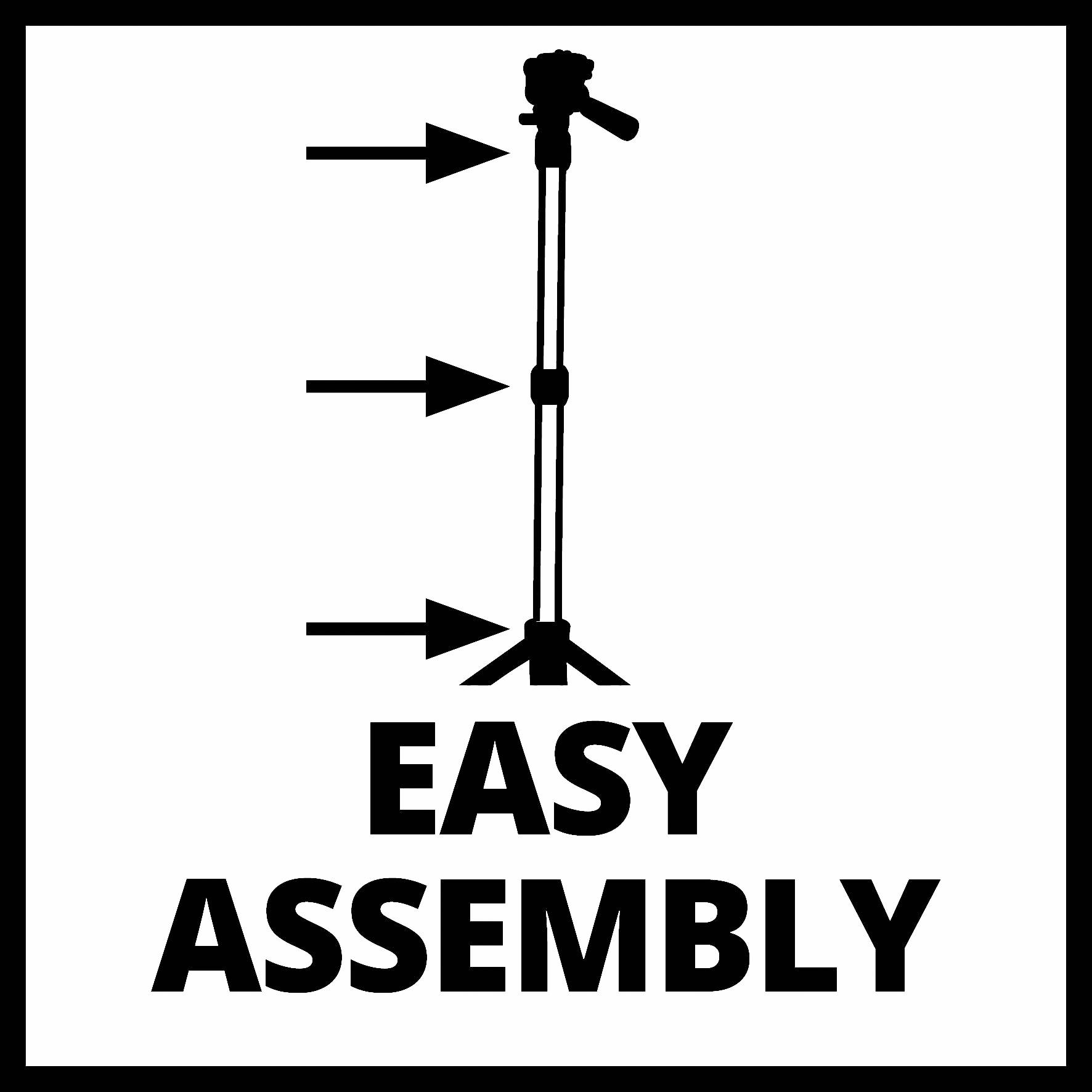 'Tripod with arrows for simple assembly and text: Easy Assembly.'