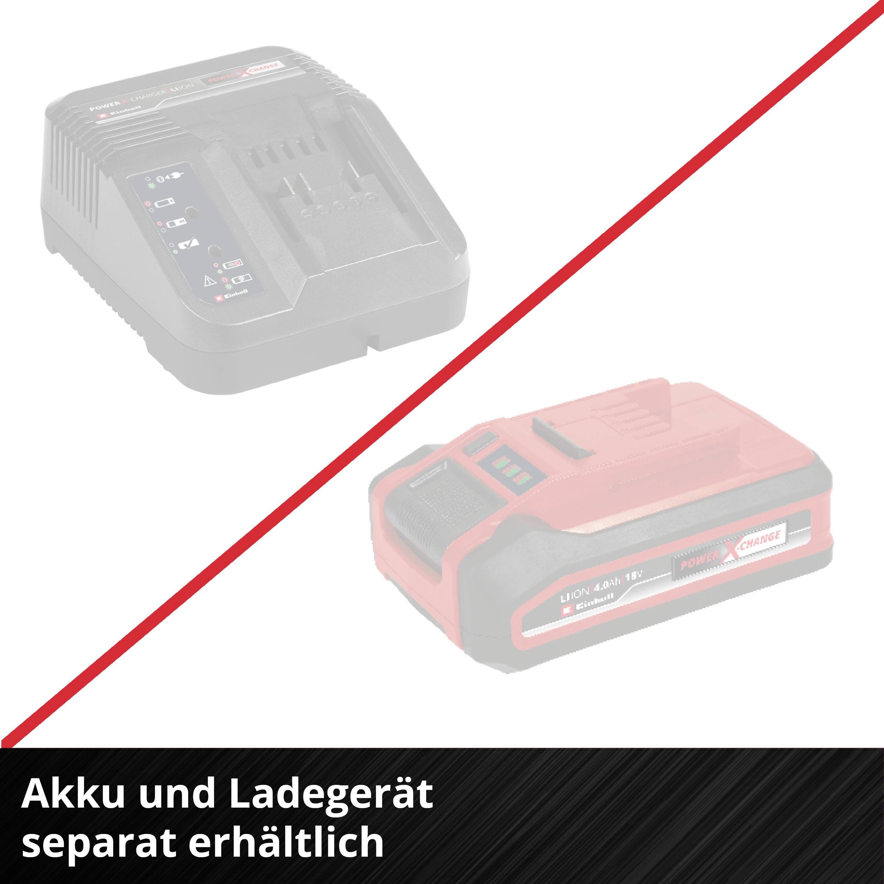'Battery and charger sold separately' appears beneath illustrations of a charger and a battery.
