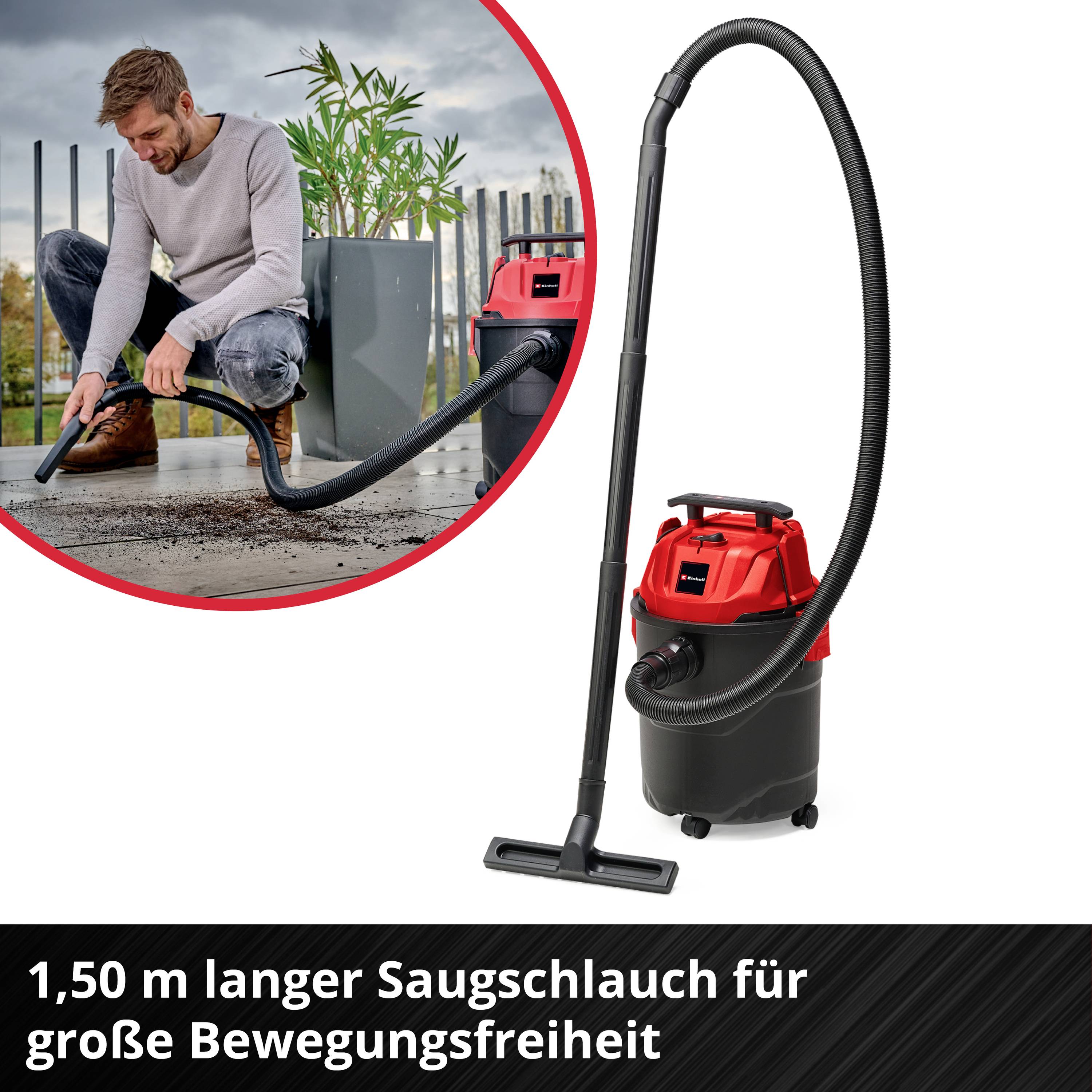 A man is cleaning with a red industrial vacuum cleaner outdoors. Text: '1.50 m long suction hose for great freedom of movement'.