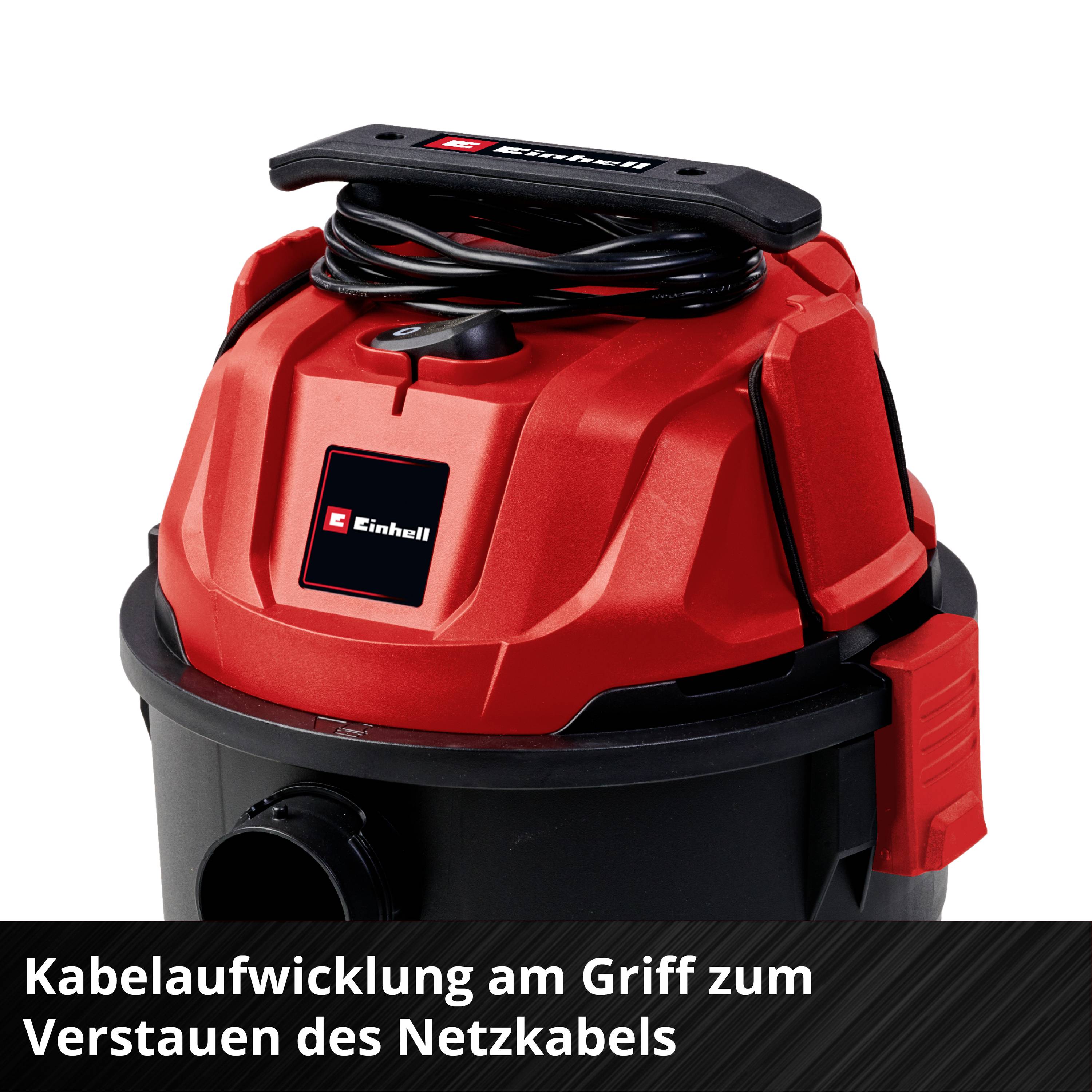 A red Einhell vacuum cleaner with a black container, featuring cable winding on the handle for convenient power cord storage.