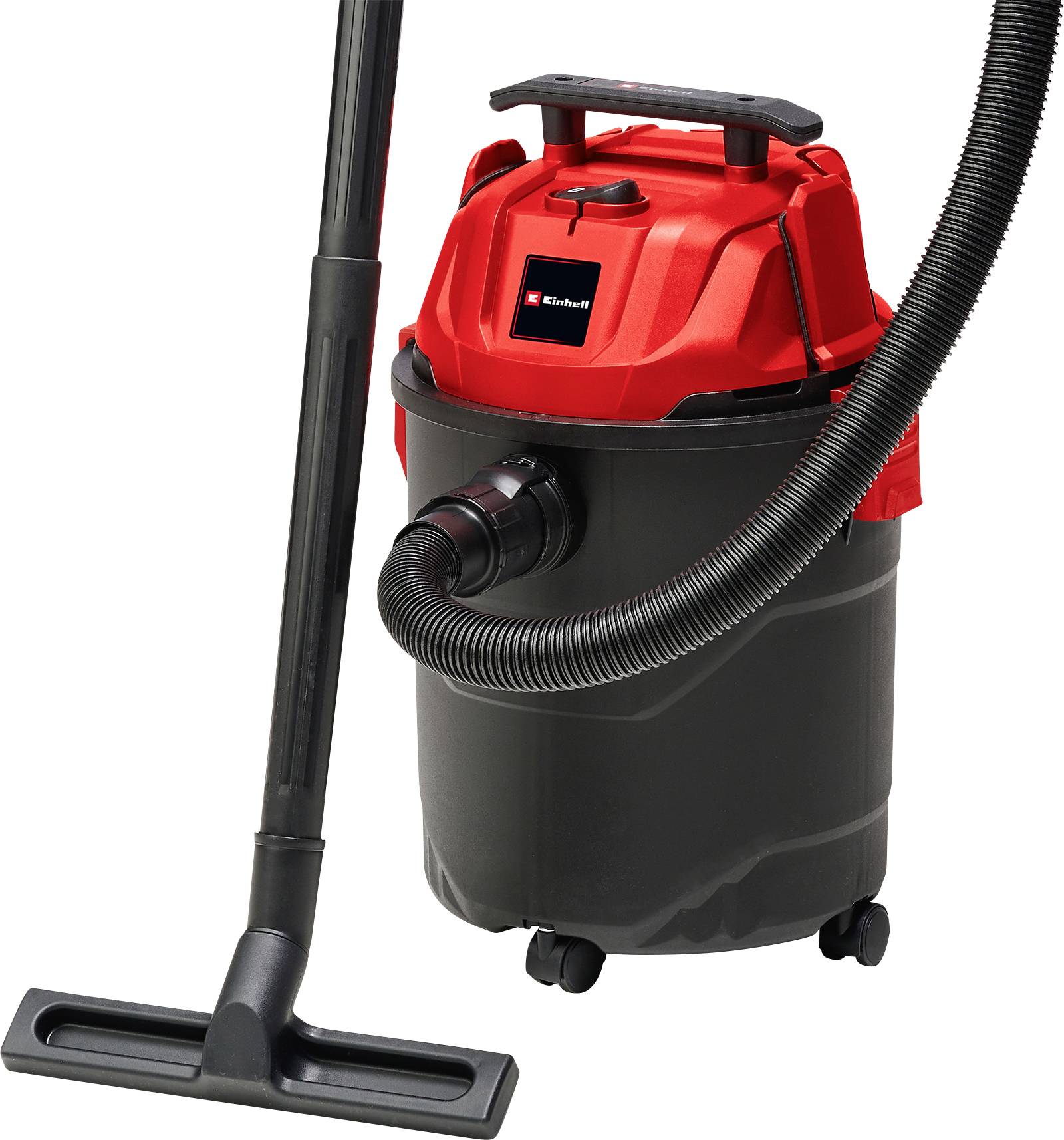 'Red and black wet and dry vacuum cleaner with hose and nozzle attachment, mounted on small wheels for mobility.'