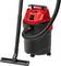 'Red and black wet and dry vacuum cleaner with hose and nozzle attachment, mounted on small wheels for mobility.'