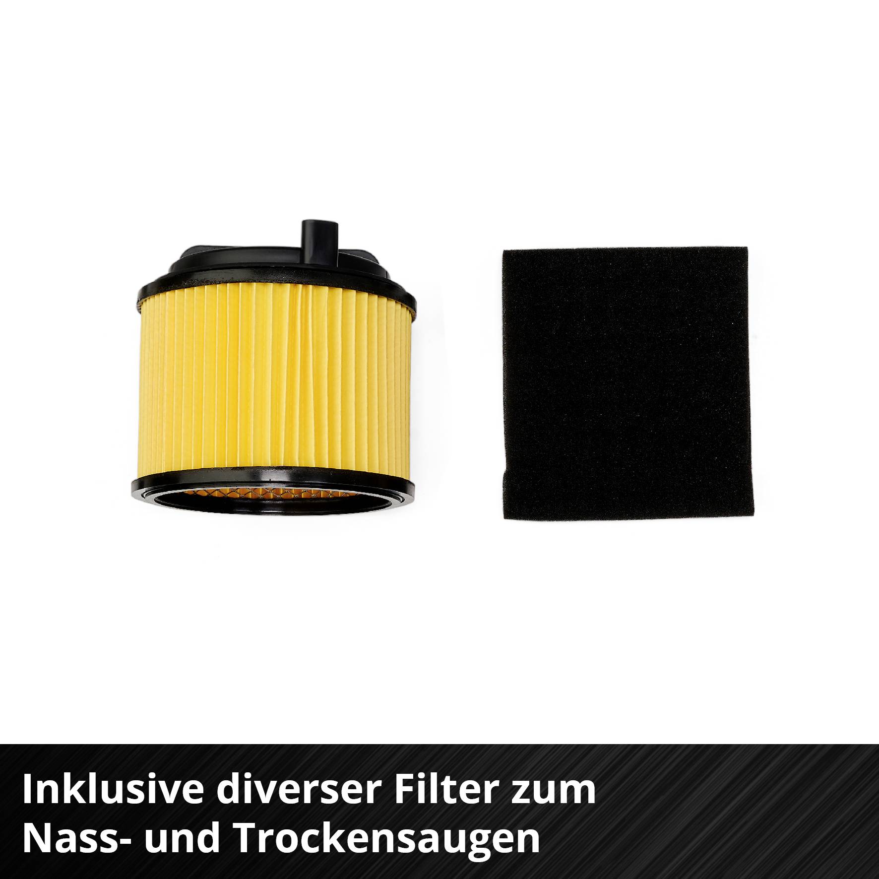 'Including various filters for wet and dry vacuuming.' Two filters shown: A yellow cartridge filter and a black foam filter.<br><br>Note: The translation maintains the original meaning and structure, using standard British English terminology.