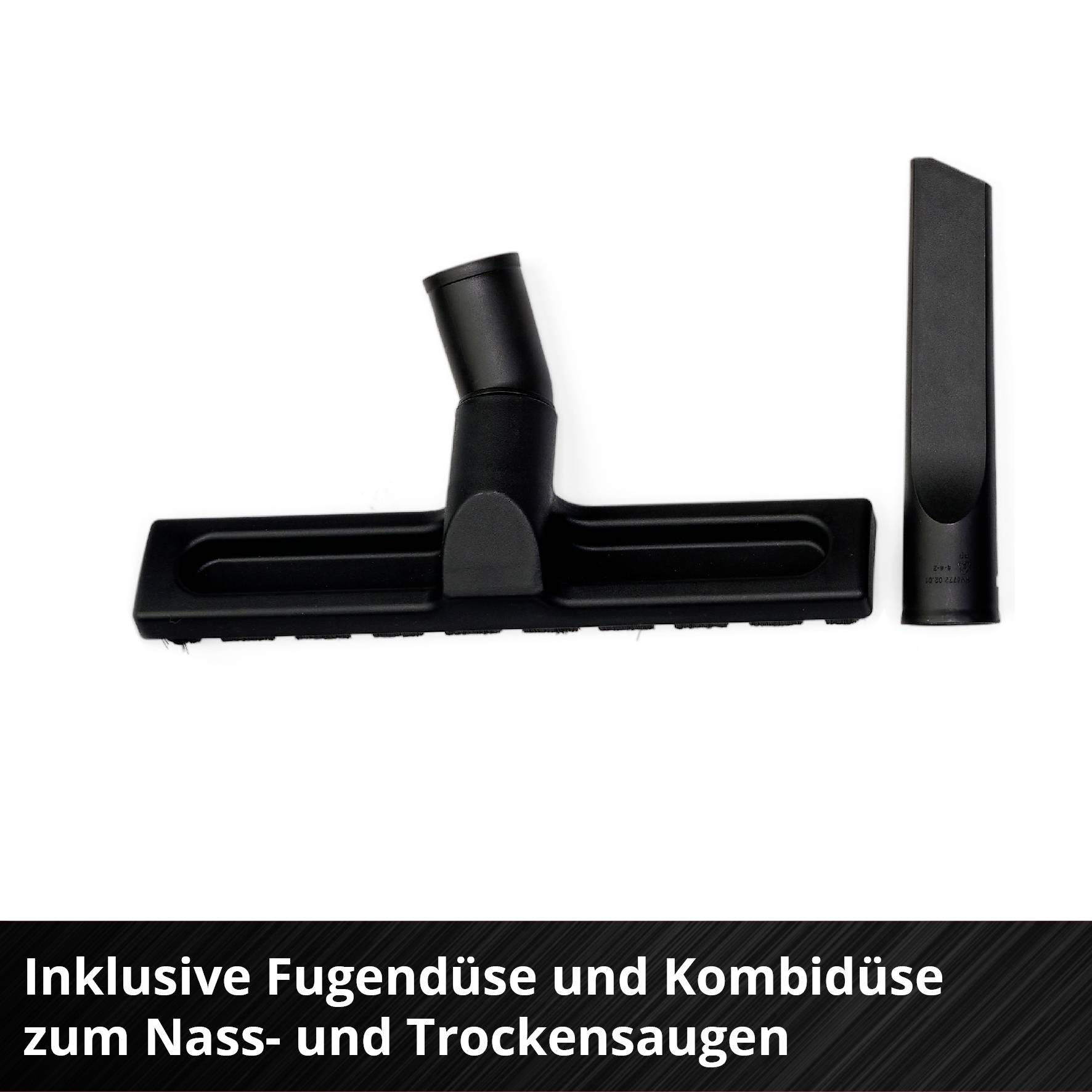 'Including jet nozzle and combination nozzle for wet and dry vacuuming.' Black suction attachments against a white background.