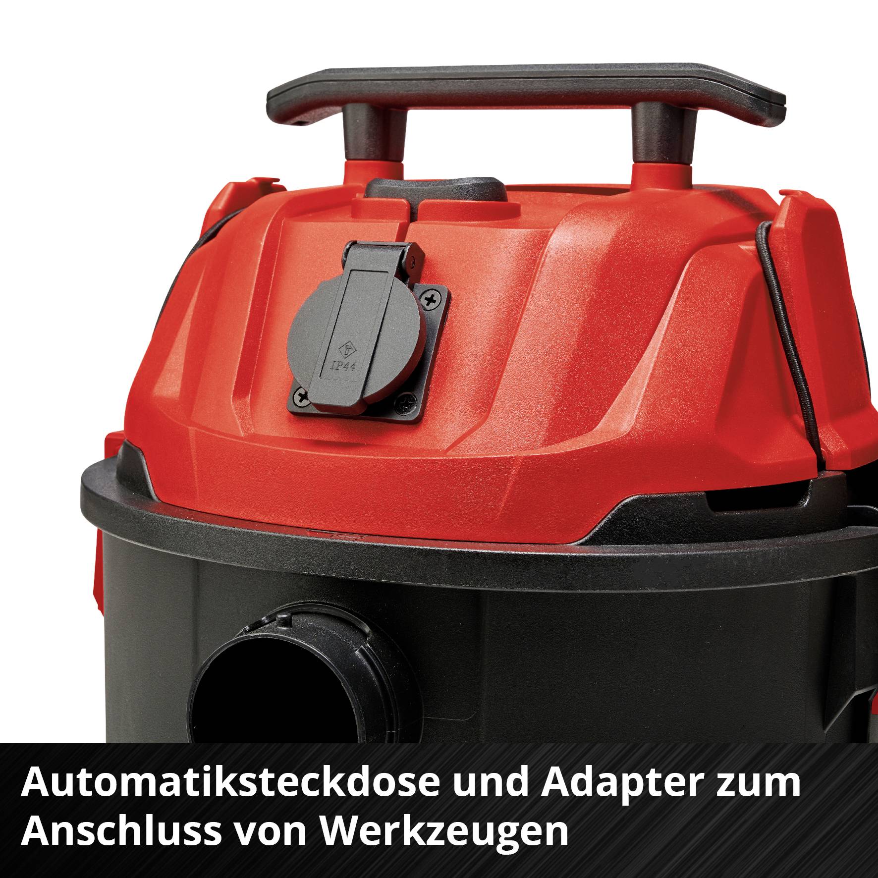 'Automatic socket and adapter for connecting tools.' A red, portable tool adapter with electrical sockets.
