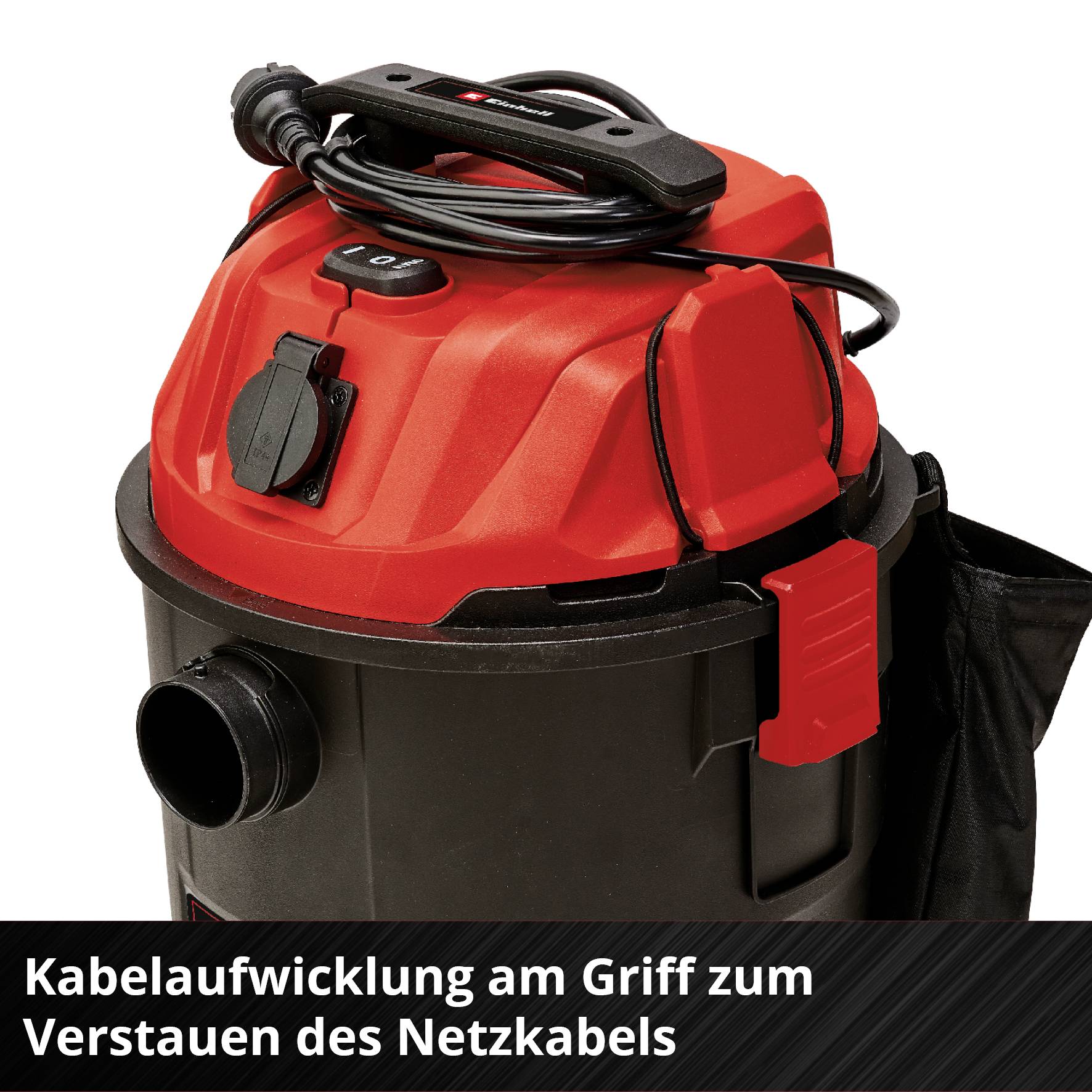 A red and black vacuum cleaner with cable winding on the handle. Text note: 'Cable winding on the handle for storing the power cord'.