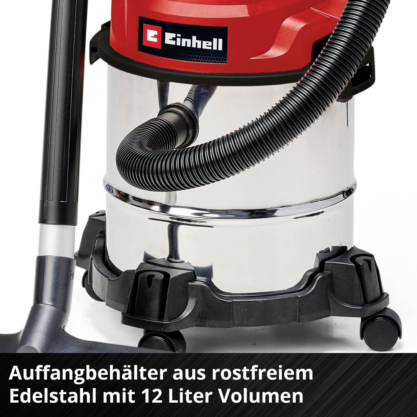 A red Einhell vacuum cleaner with a stainless steel container and 12-litre capacity.