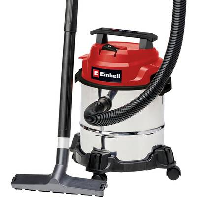 Wet and dry vacuum cleaner in red and silver with Einhell logo, fitted with a hose and floor nozzle, suitable for versatile cleaning tasks.