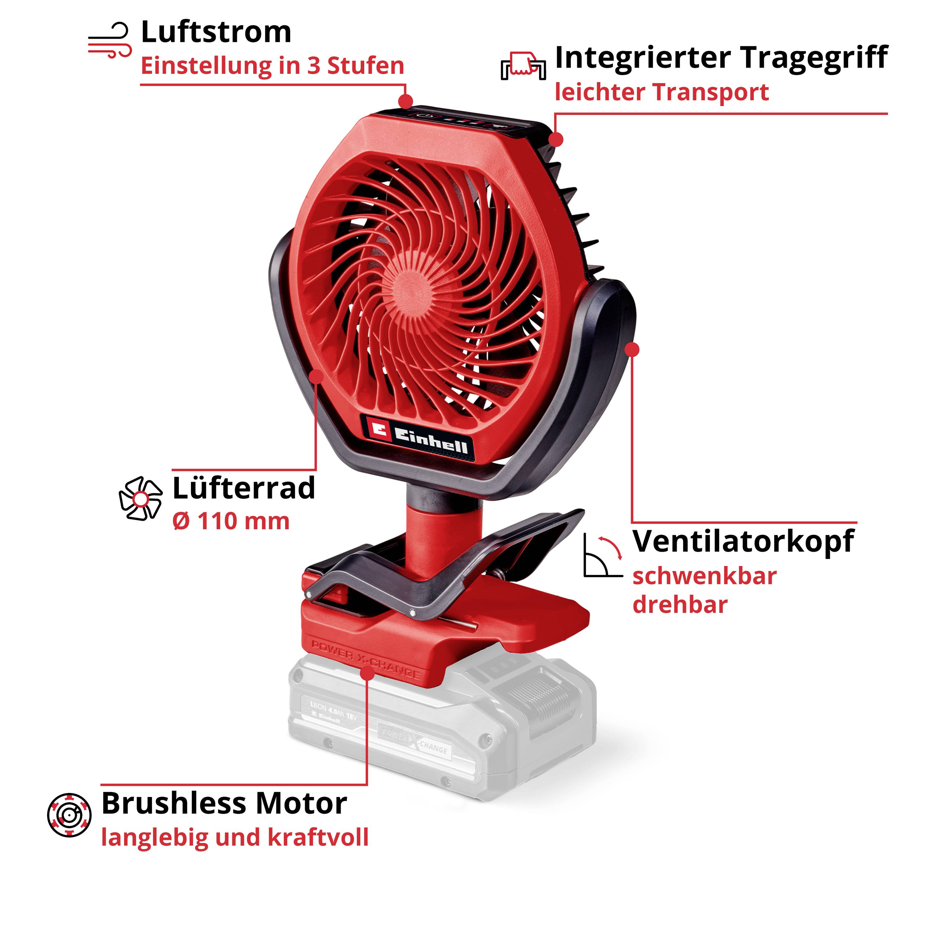 A red cordless air pump, part of the Power X-Change product family, surrounded by a variety of compatible tools.