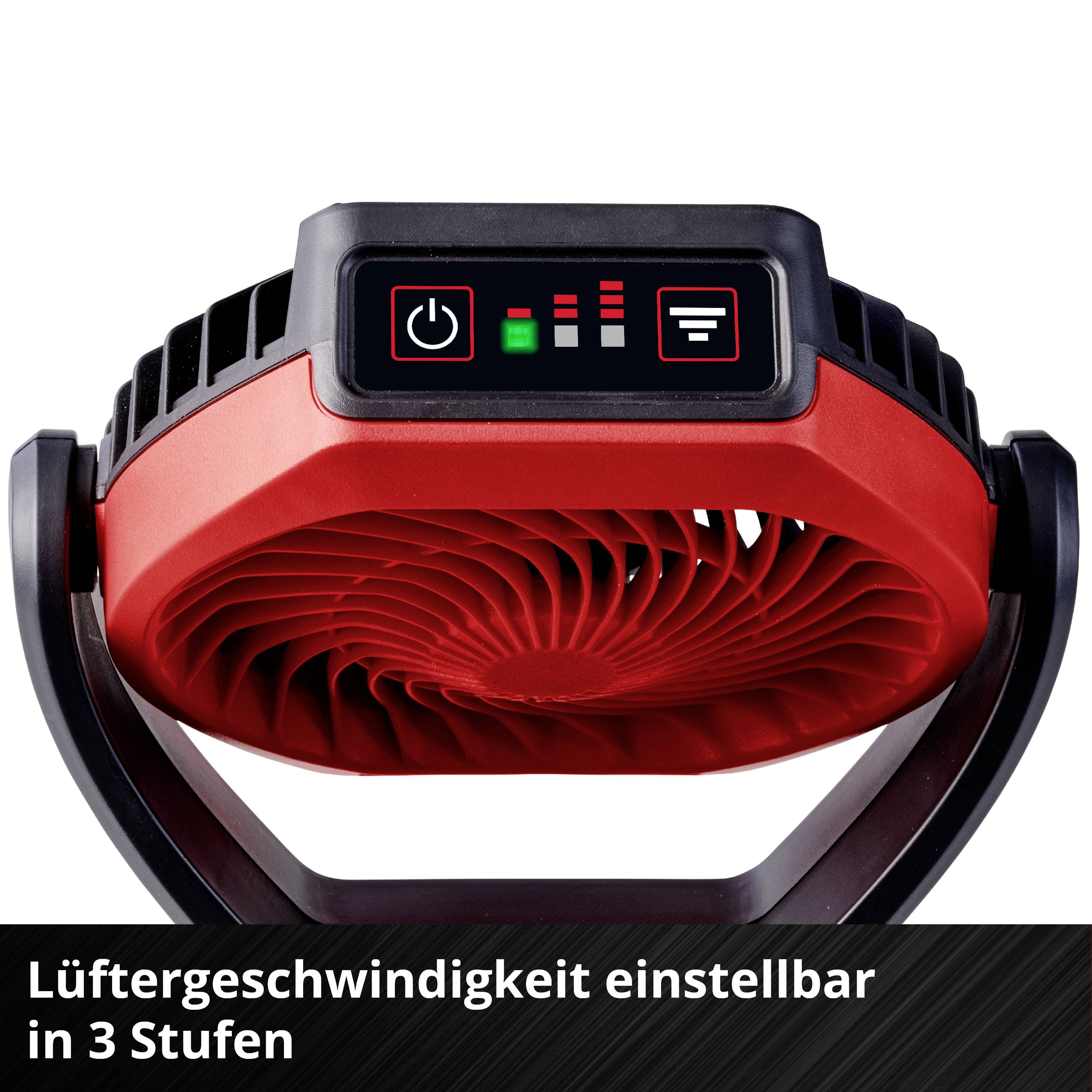 A red fan with adjustable fan speed in 3 stages. Control lights for operation and speed are located at the top.