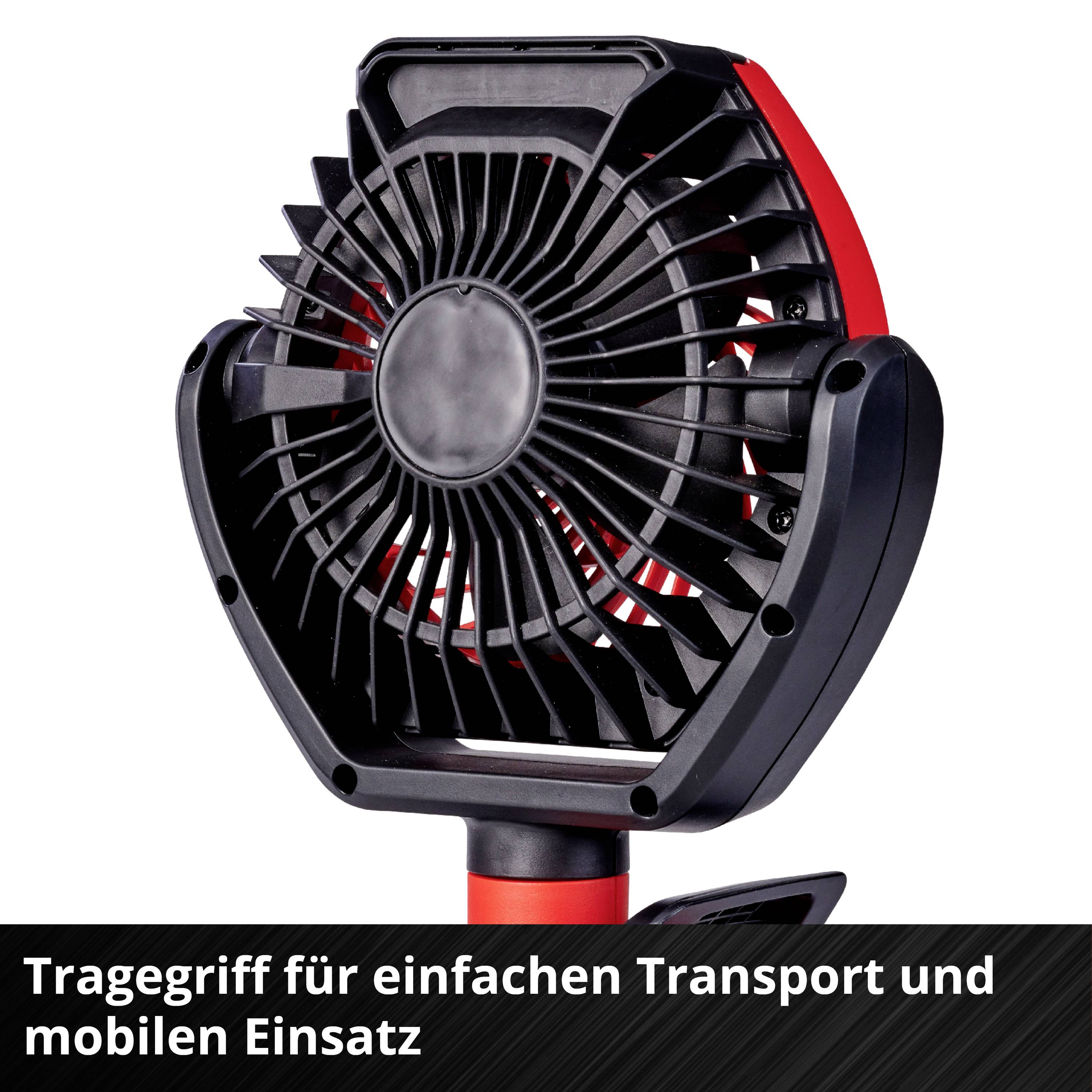 A black fan with a carrying handle at the front, red and black base. Text: 'Carrying handle for easy transport and mobile use'.