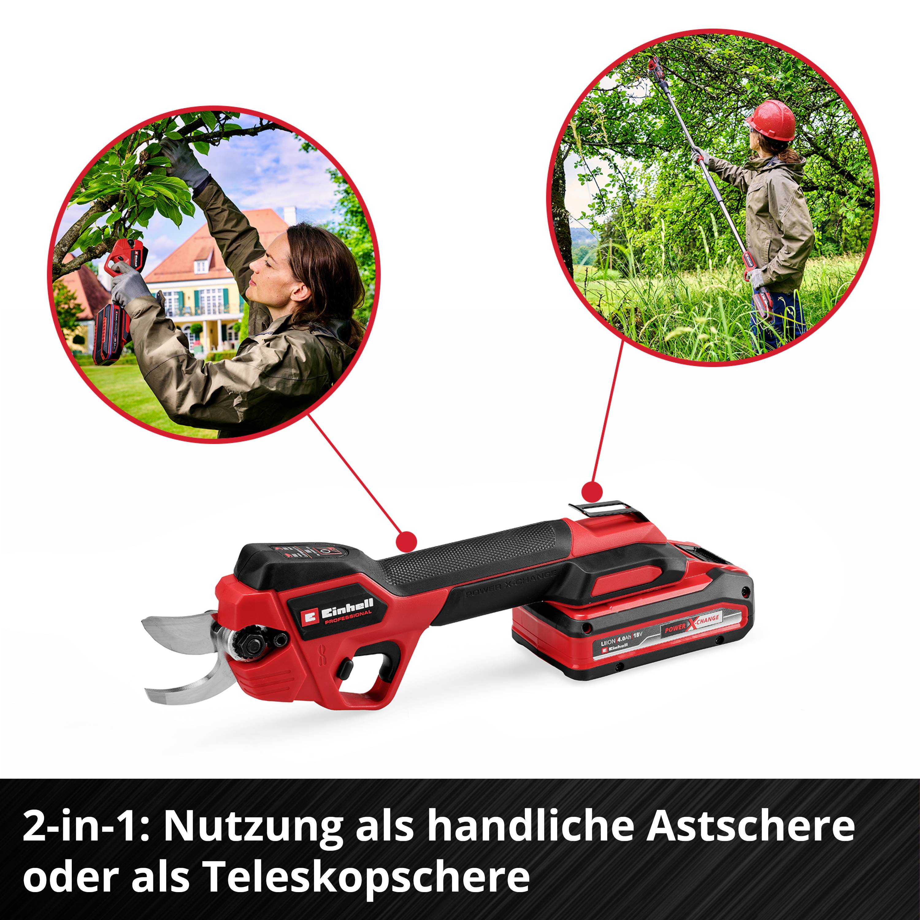 Battery-powered pruning shears in red with telescopic function. Versatile use: portable or with telescopic handle for high branches.