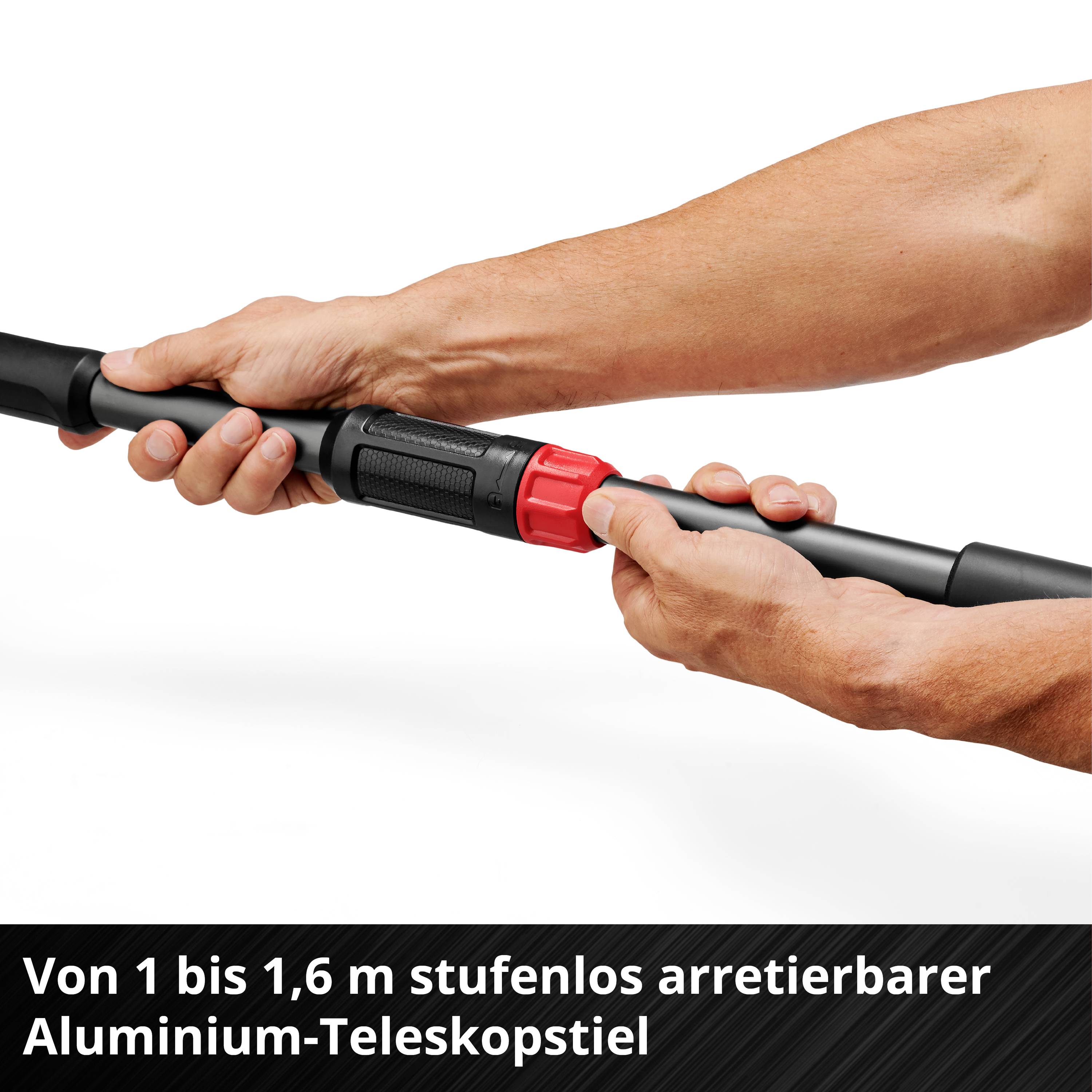 Telescopic aluminium handle, adjustable from 1 to 1.6 m. Two hands are holding the handle, showing the locking mechanism.