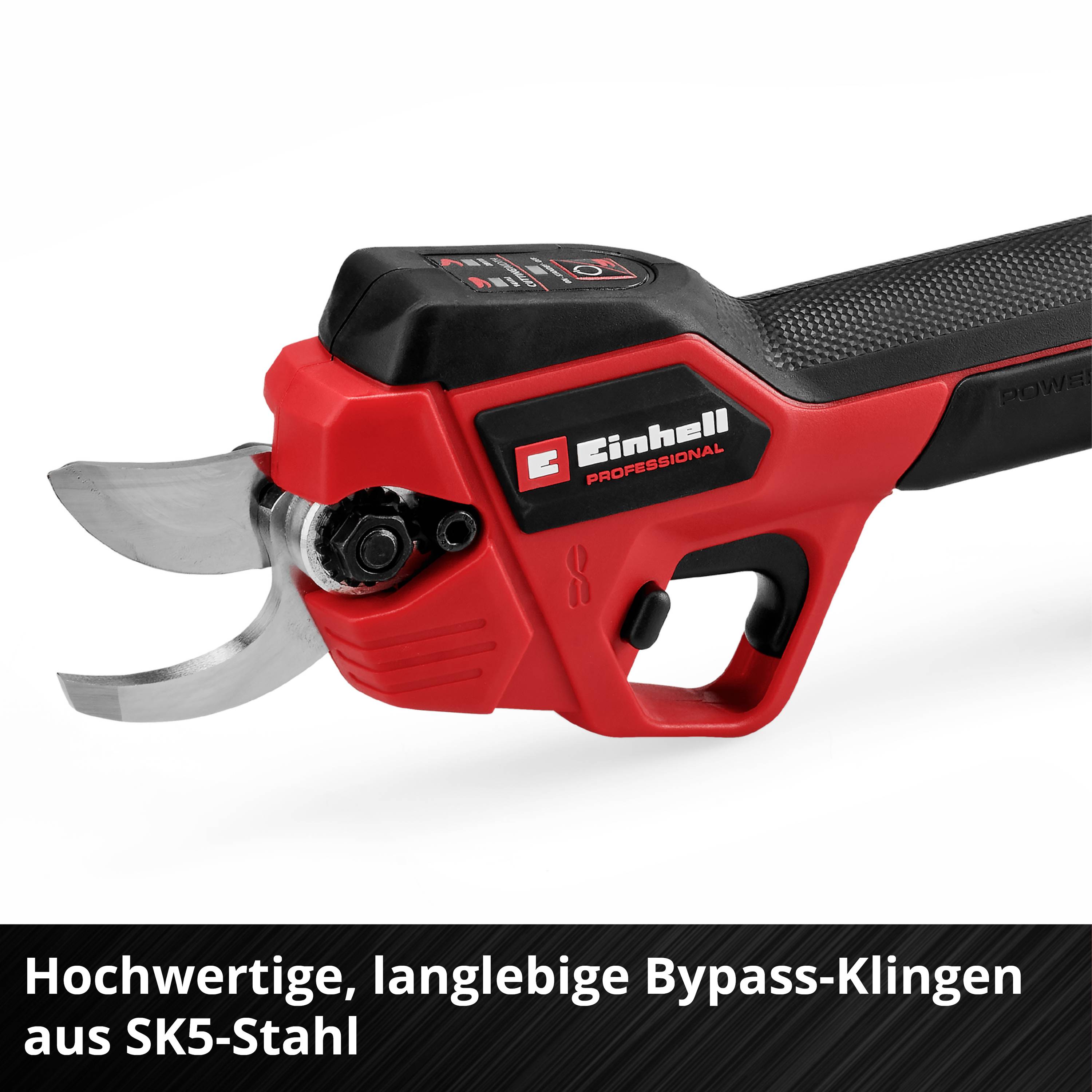 'Electric hedge trimmer in red with Einhell logo, non-slip handle. Text below: High-quality, durable bypass blades made of SK5 steel.'