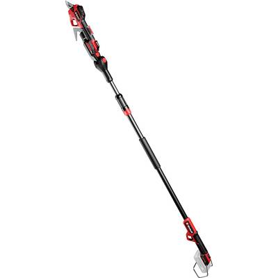 A telescopic pruning saw with red and black design, suitable for trimming tall trees and branches. Battery-powered.