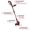 A telescopic brush cutter with adjustable auxiliary handle, swivelling and tilting motor head, 25 cm cutting width and plant protection.