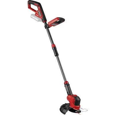 A red cordless lawn trimmer with an adjustable handle and protective cover, designed for maintaining lawn edges and hard-to-reach areas.