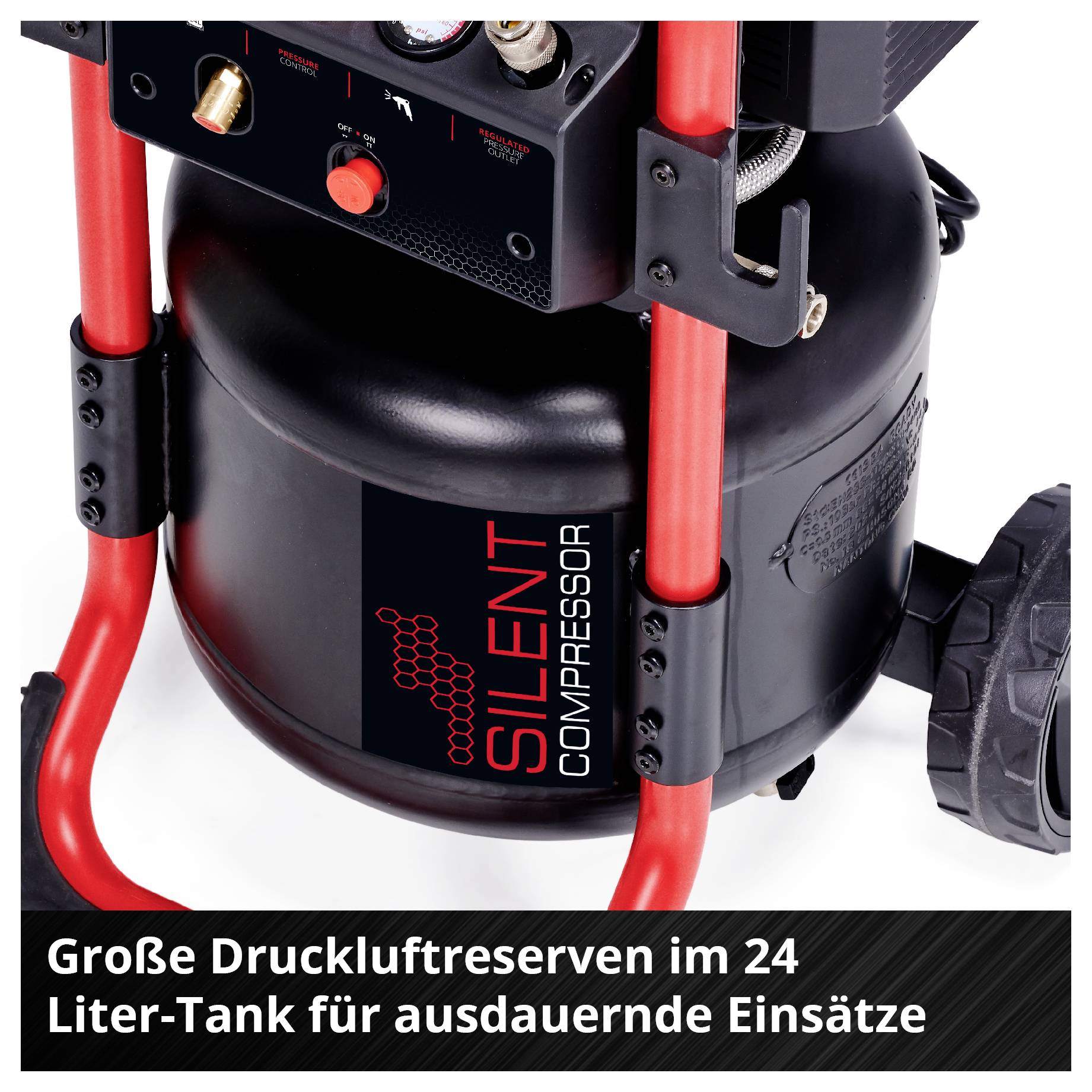 Mobile Silent Compressor with 24-Litre Compressed Air Tank and Wheel; Image Caption: 'Large Compressed Air Reserves in the 24 Litre Tank for Extended Operations'