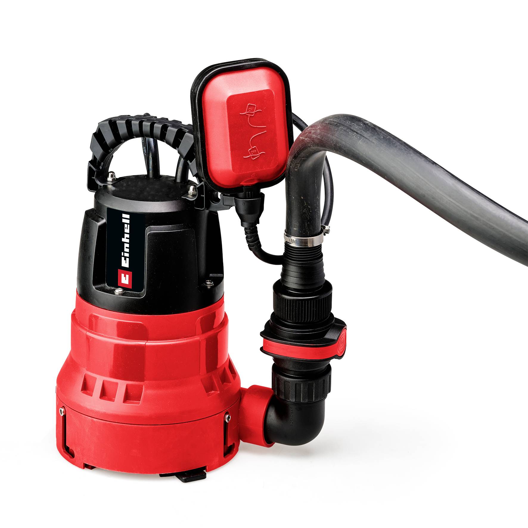 A red submersible pump with a black handle and hoses, suitable for pumping water out of flooded rooms or pits.
