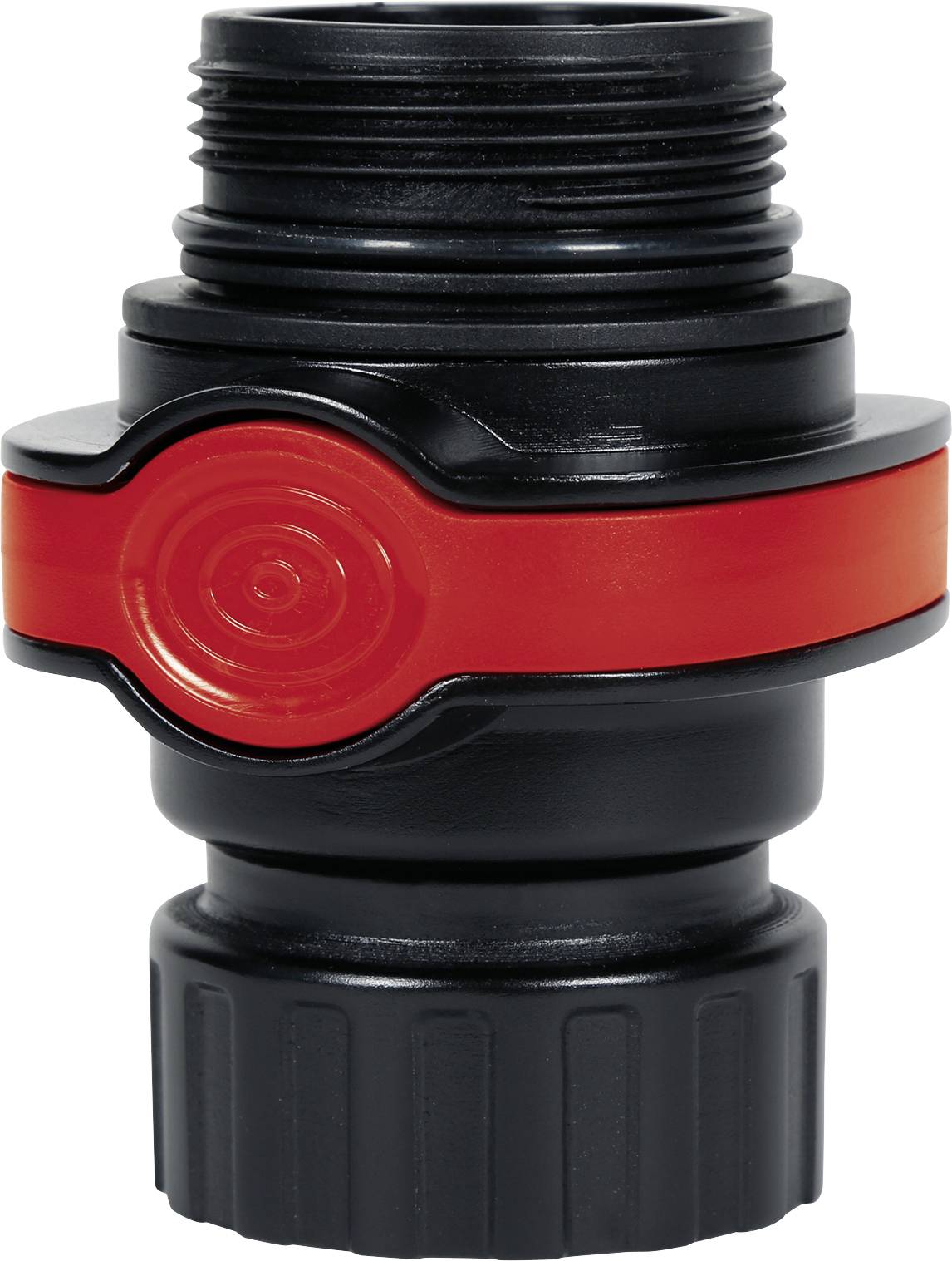 Black and red garden hose adapter with a screw connection for attaching to taps or other hose systems.