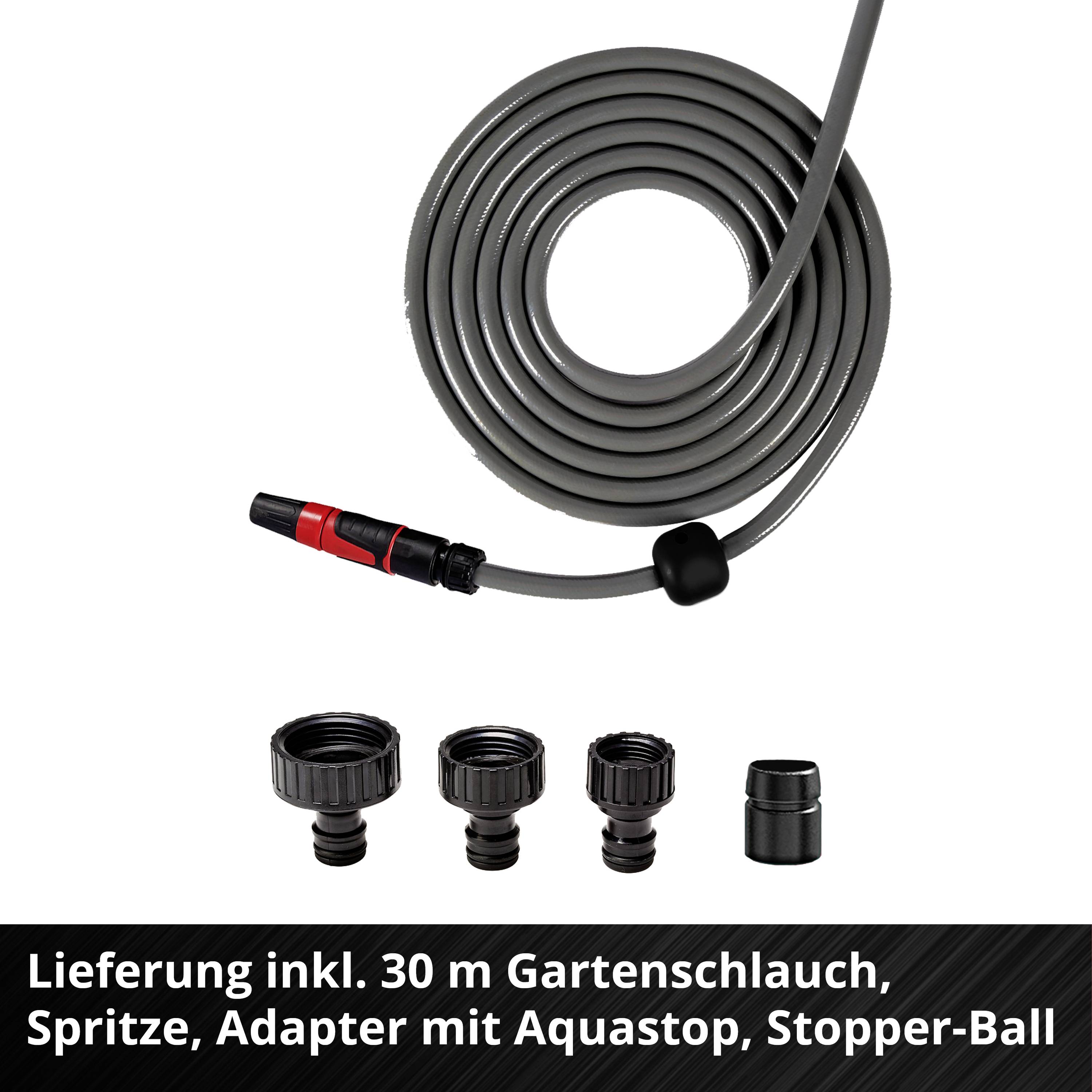 Grey garden hose with red connector, spray nozzle and adapter. Label reads: 'Delivery includes 30 m garden hose, spray nozzle, adapter with Aquastop, stopper ball'.