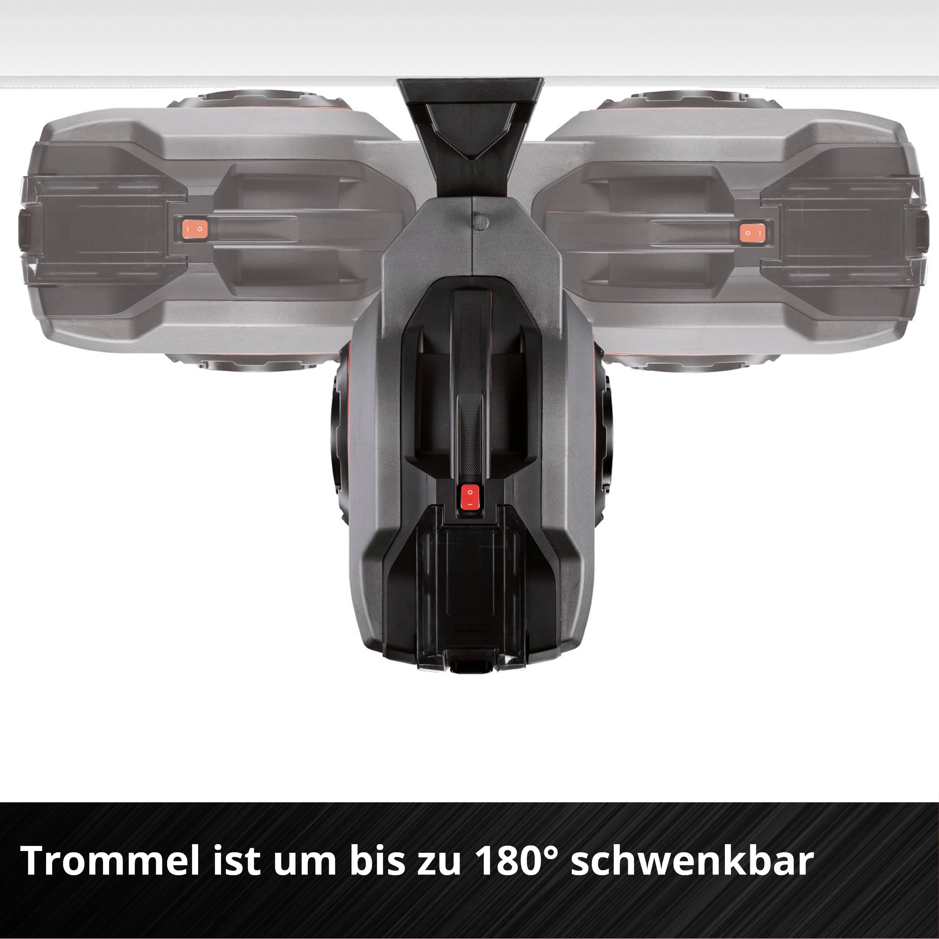 View of a rotating component that is pivotable up to 180 degrees. Below is the text: 'Drum is pivotable up to 180°'.