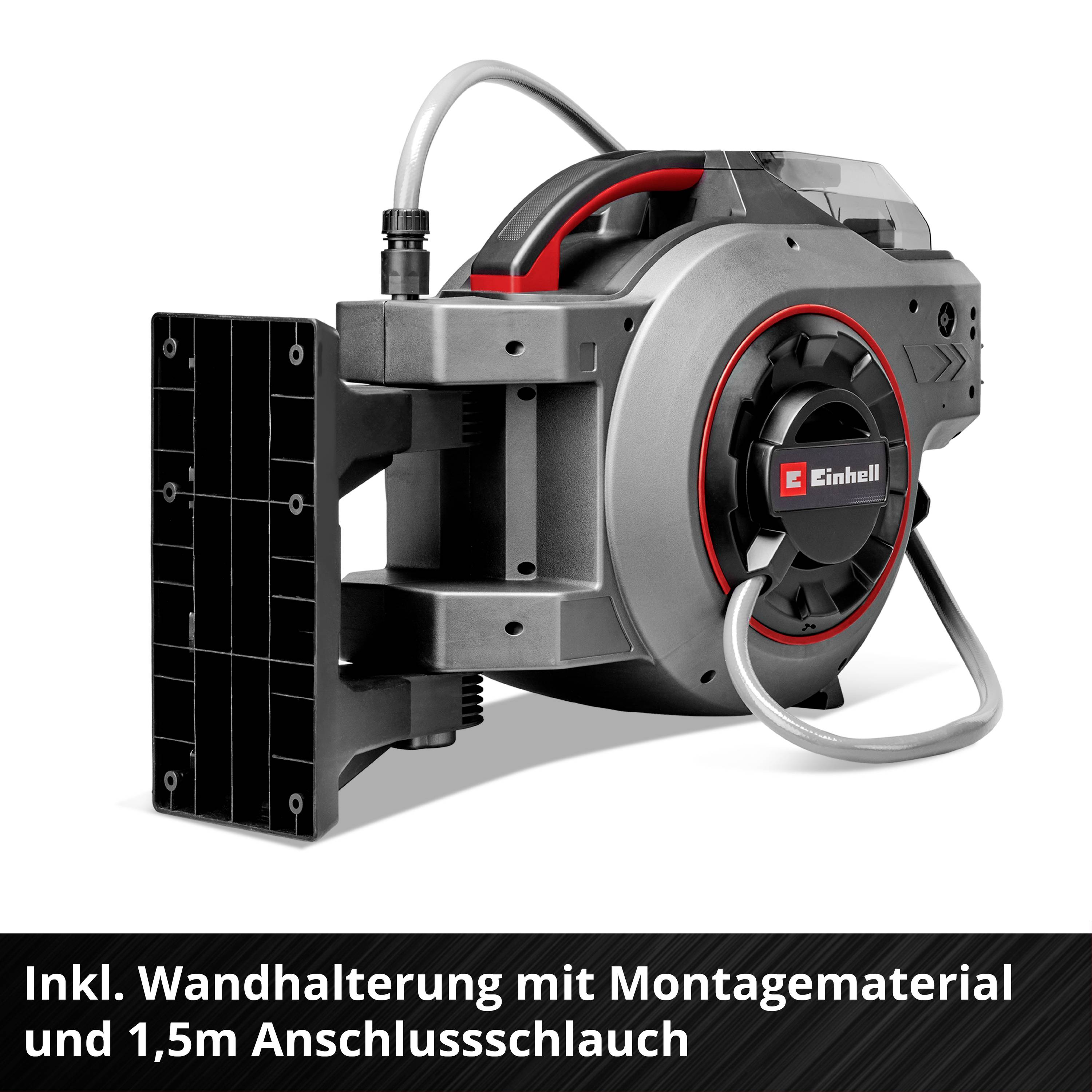 Automatic hose reel with wall mounting and 1.5m connecting hose. Suitable for garden hoses, easy to install.