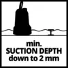 min. SUCTION DEPTH down to 2 mm<br><br>Note: This appears to be an already English technical specification, so no translation was necessary. The text describes the minimum suction depth of a pump down to 2 millimetres.