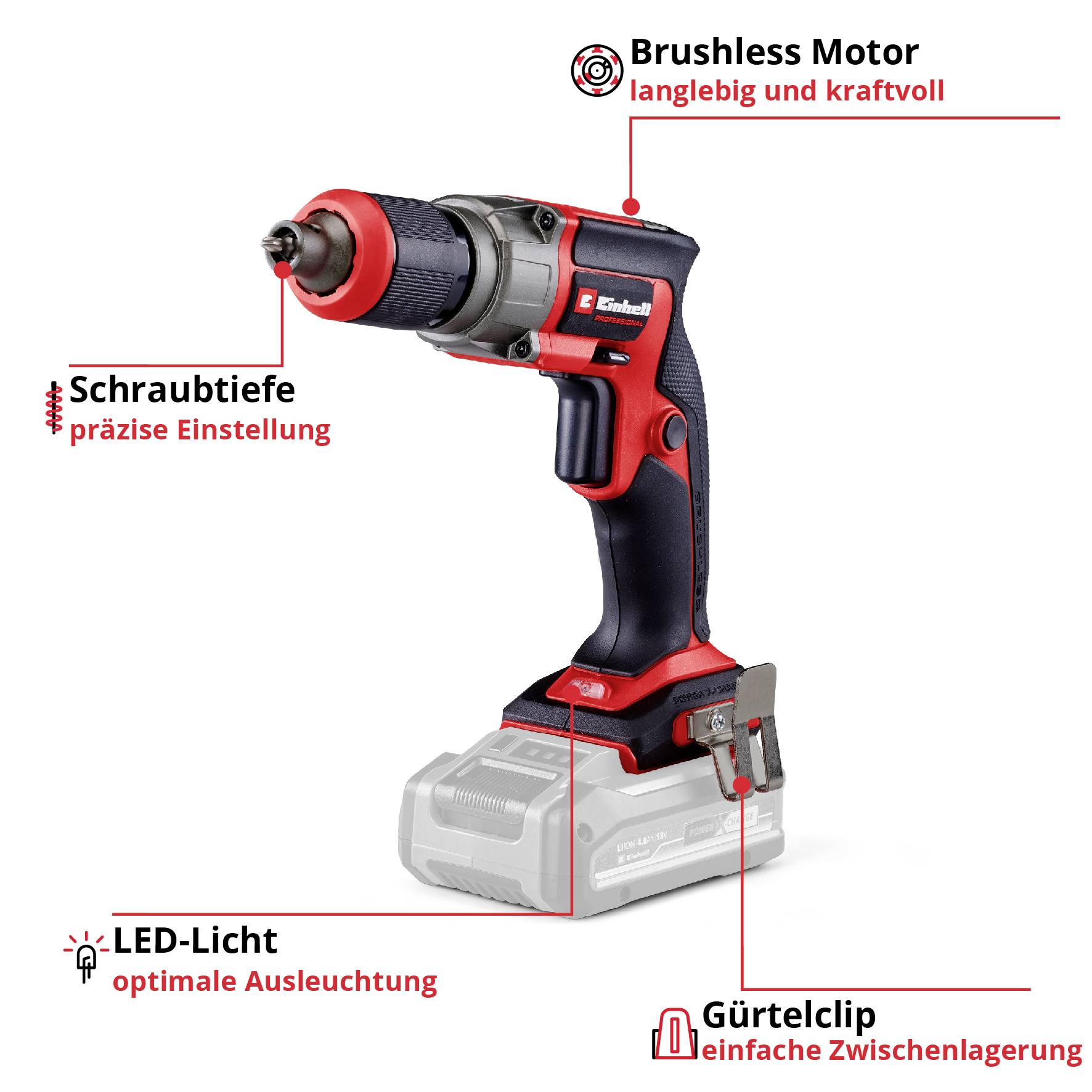 'Cordless drill with brushless motor, LED light, belt clip and adjustable screw depth for precise work.'