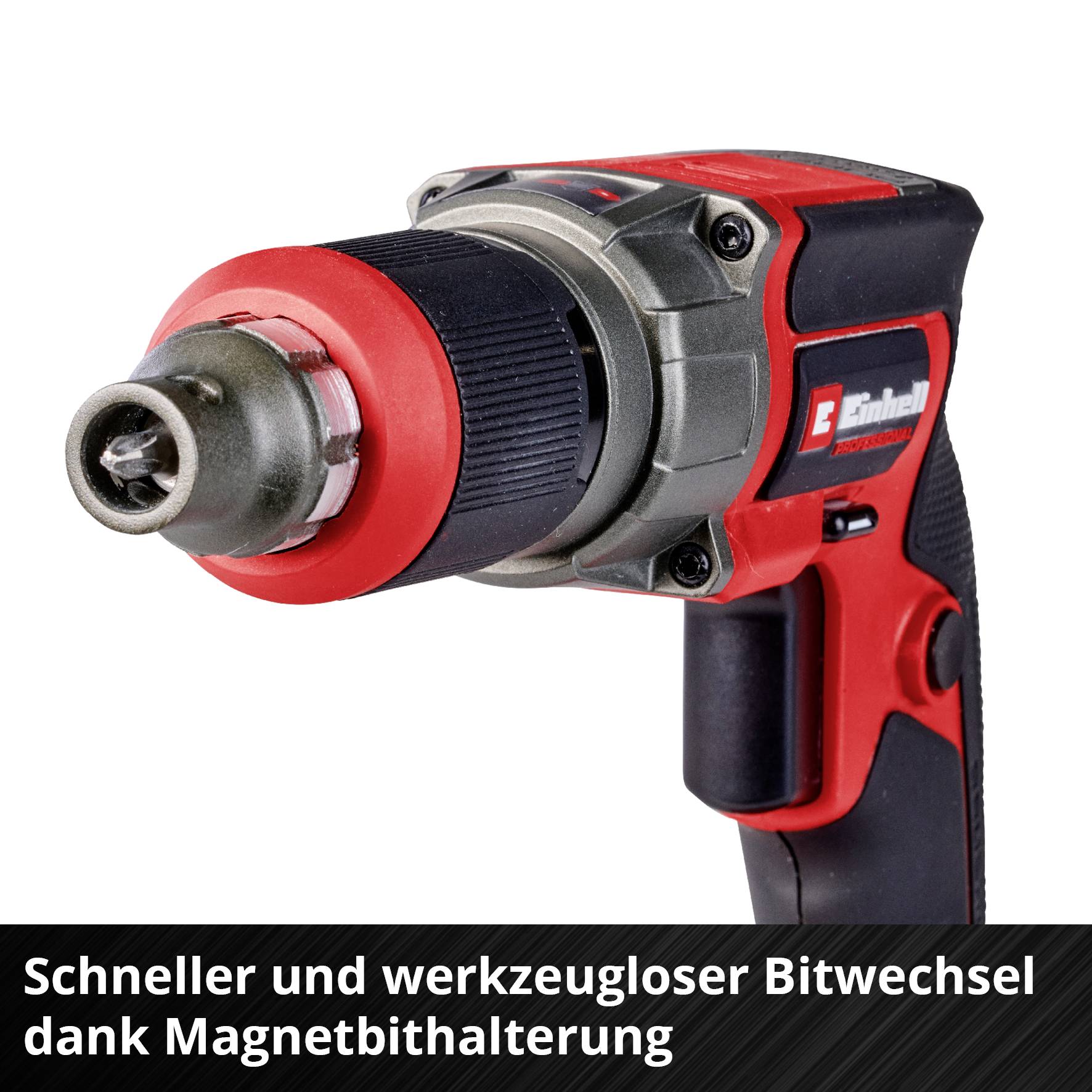 A red cordless drill with a magnetic bit holder. Text underneath: 'Quick and toolless bit change thanks to magnetic bit holder'.