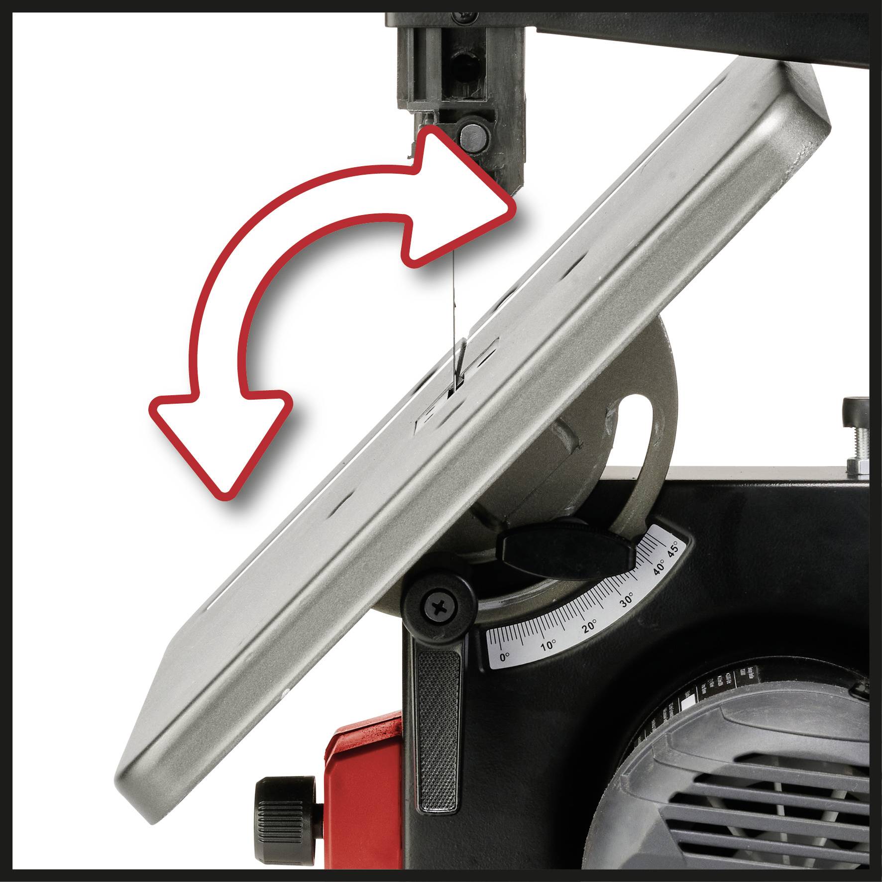 A bandsaw shows the adjustable tilting plate with an arrow indicating the direction of tilt and an angle gauge.
