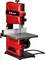 Red bandsaw with Einhell logo, suitable for various cutting tasks, with grey work surface and adjustment knobs.