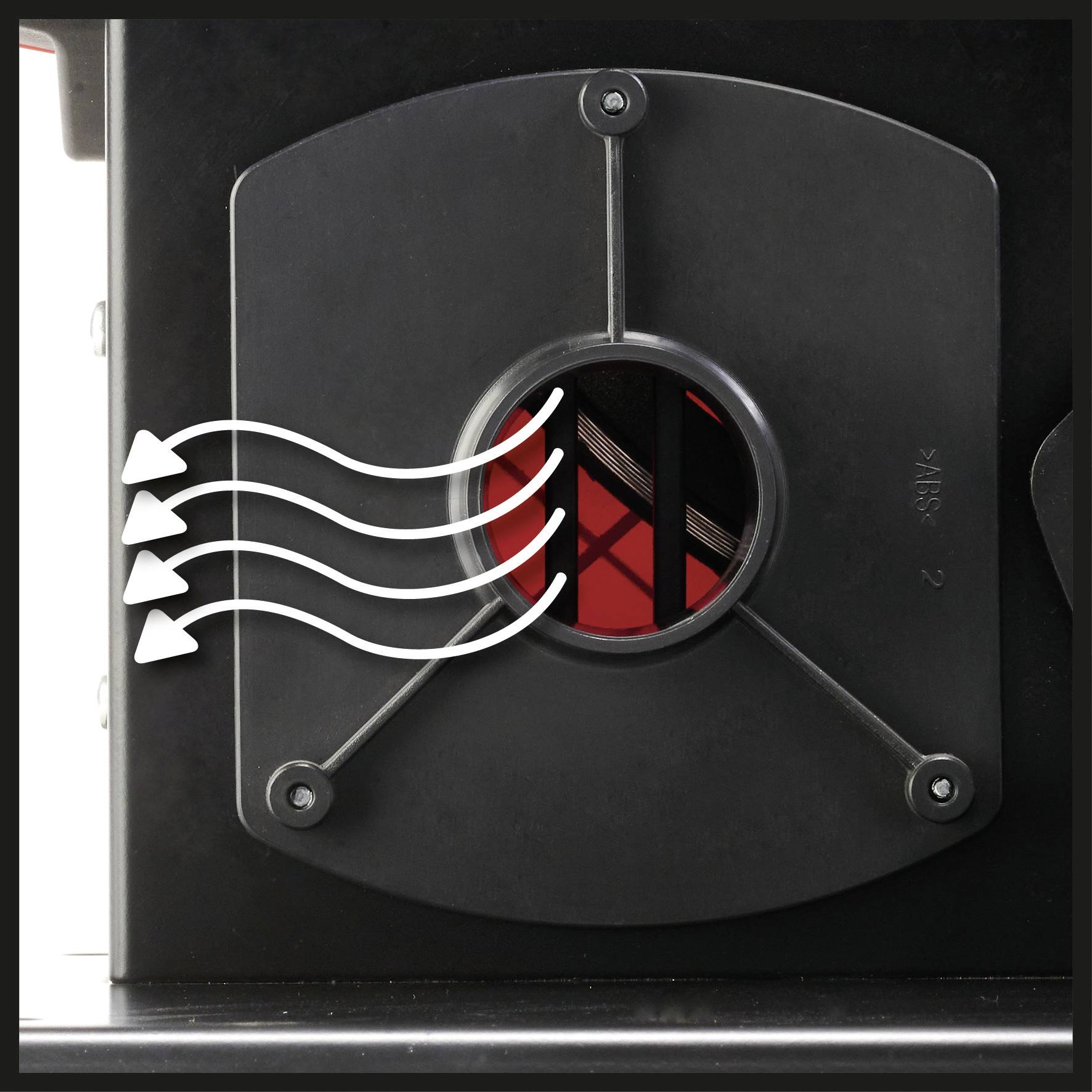 A ventilation opening with four white lines representing the airflow demonstrates the functioning of the ventilation system.