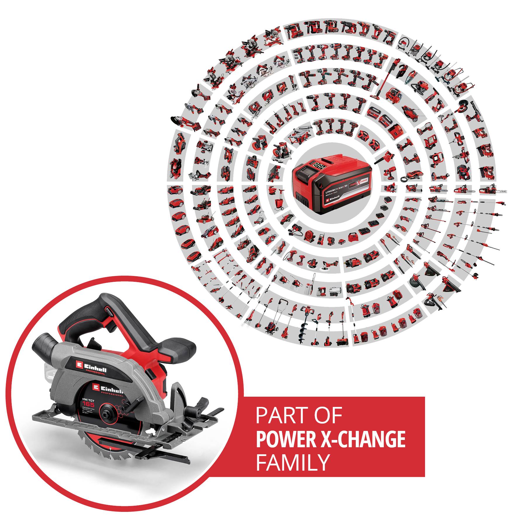 'Part of the Power X-Change family' shows a variety of power tools arranged in a circle, with a charger in the centre.