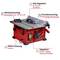 Compact table saw with 1200 W power, adjustable angle guide, TCT saw blade (210 mm, 24 teeth) and parallel clamping.