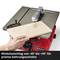 A red table saw model with an angle adjustment from -45° to +45°. A hand holds a wooden board for precise mitre cuts.