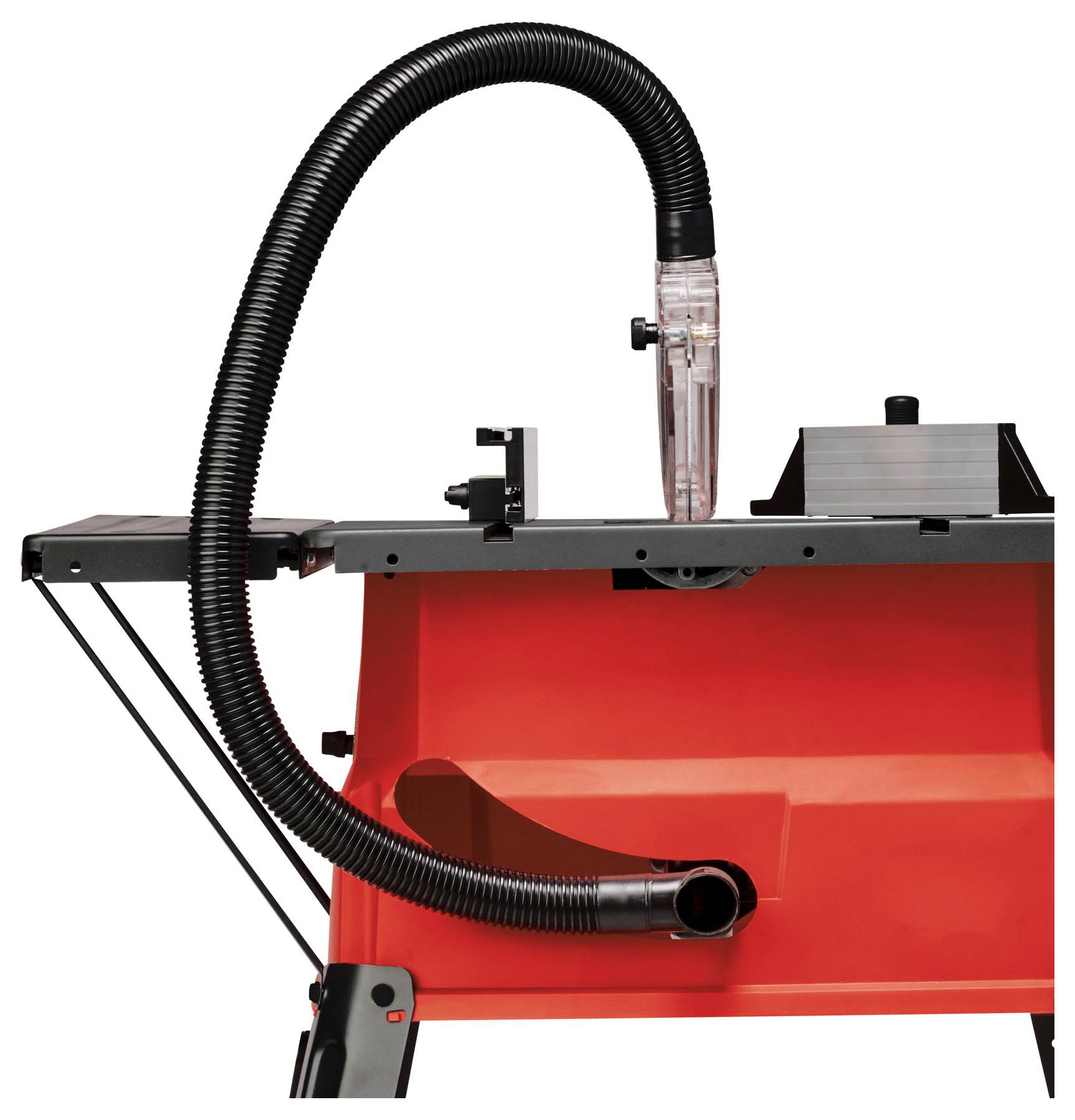 A red workshop tool with a large flexible hose for dust collection is attached.