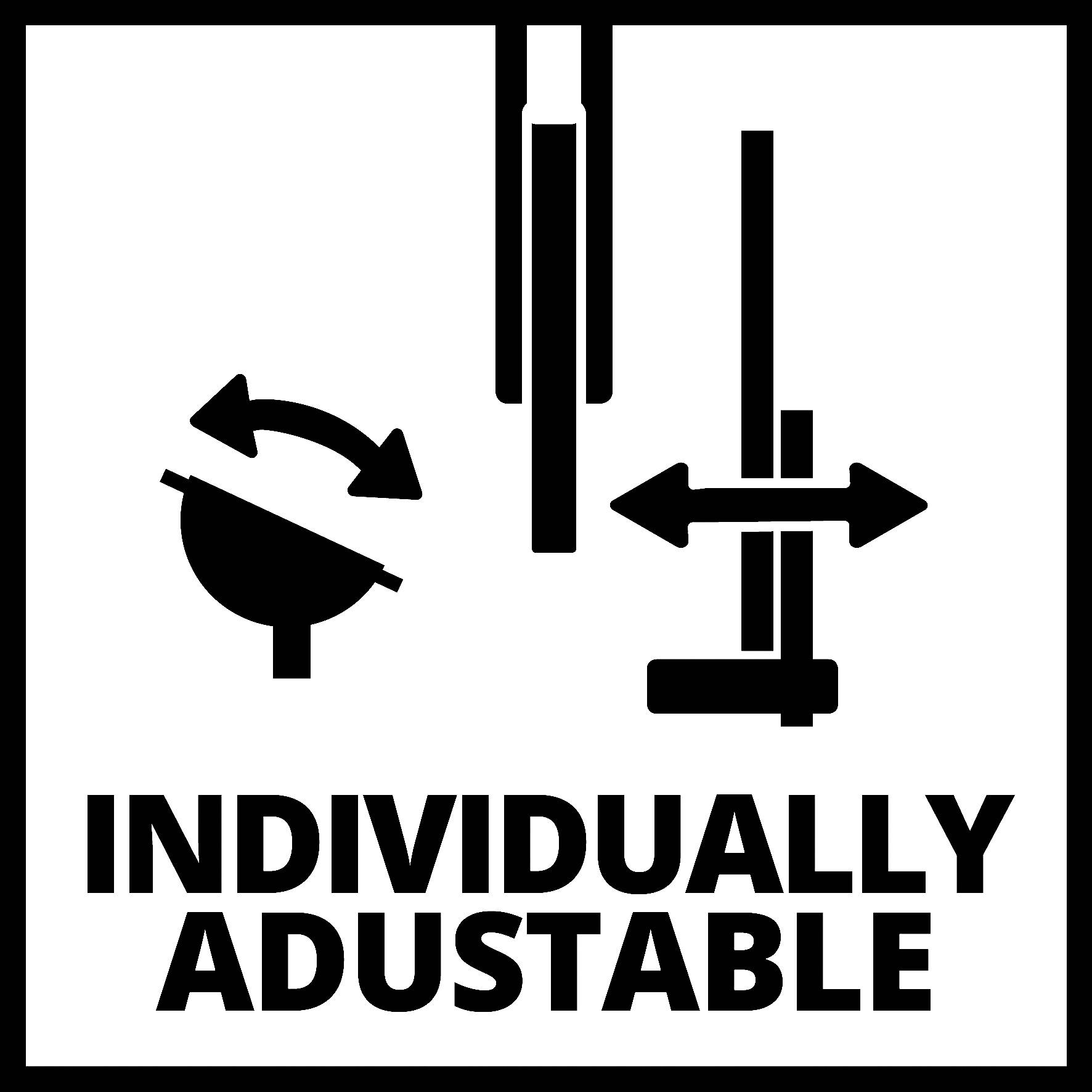 Indicates the product features adjustable components for personalized use, with symbols showing rotation and lateral adjustment capabilities.