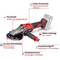 'Image of a cordless angle grinder with flat head and soft start. Features: 33 mm cutting depth, high safety, high performance, attachable auxiliary handle, adjustable disc guard.'
