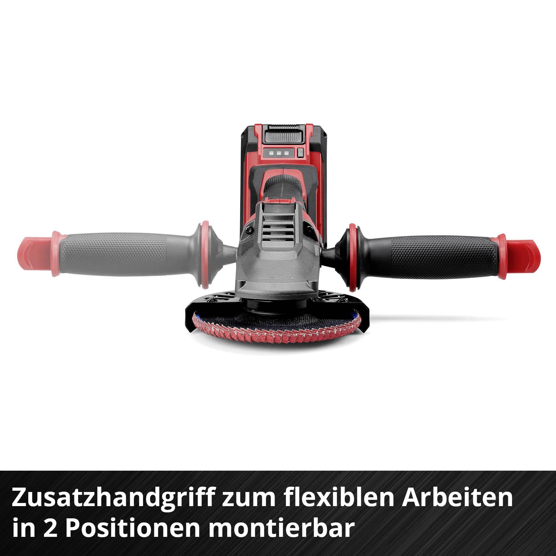 Electric tool with auxiliary handle. Red accents. Accessory for flexible working, mountable in two positions.