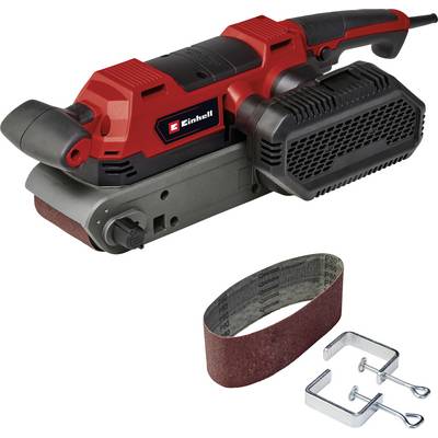 A red belt sander with accessory parts such as sanding belts and mounting brackets, suitable for woodworking and metalworking.