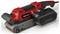Red and black electric grinding tool with dust collection box, suitable for sanding wooden surfaces.