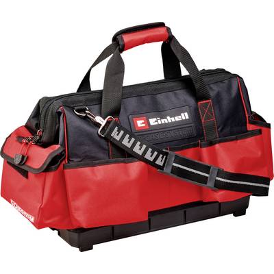 Red and black tool bag with carrying strap and multiple compartments, by the brand Einhell.